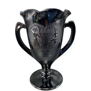 L E Smith Black Amethyst Glass Dancing Nymphs Trophy Glass Vase Etched Vintage